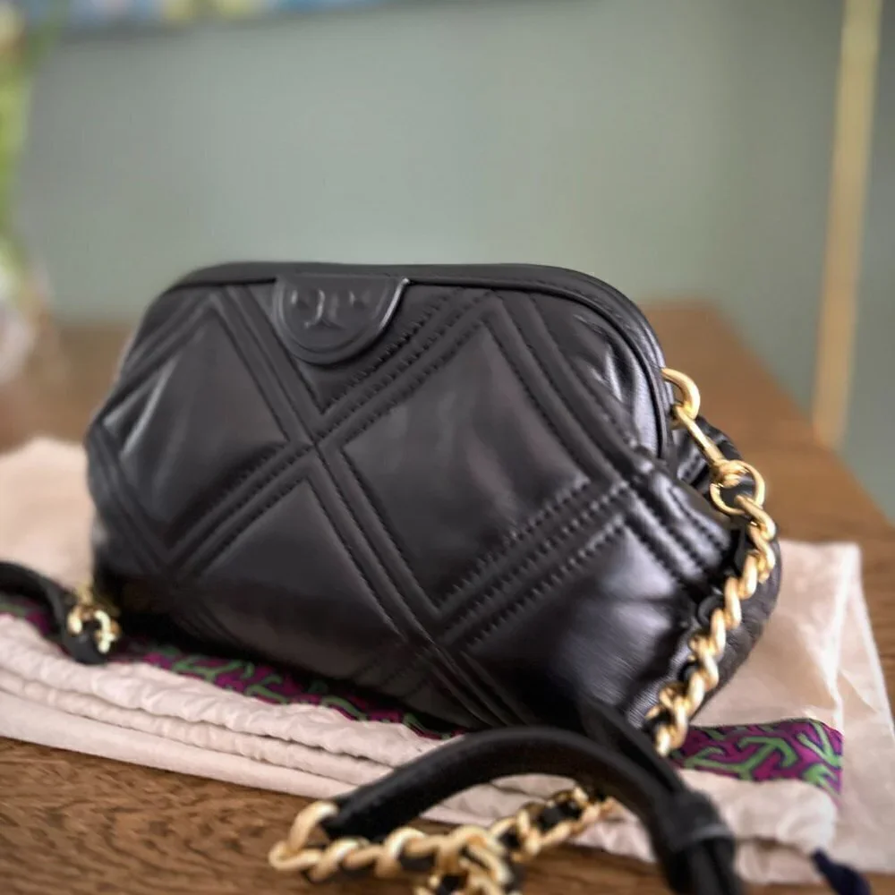 NWT! Tory Burch Fleming Frame Bag -Quilted Crossbody Bag - Small Black Lamb Skin